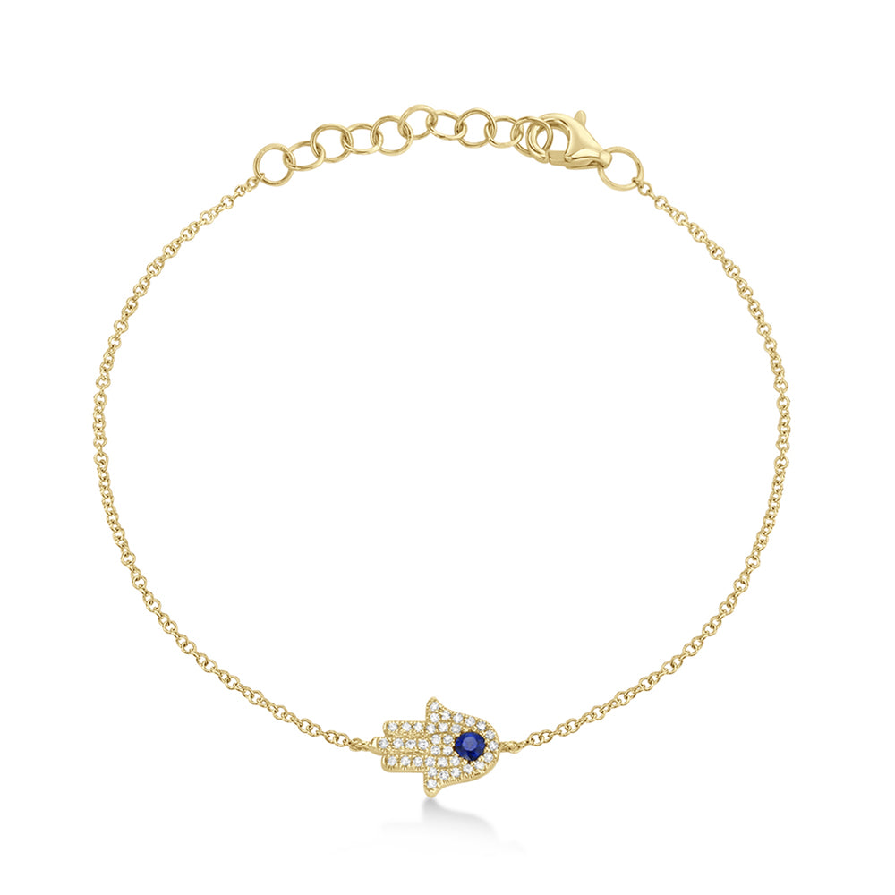Diamond & Blue Sapphire Hamsa Link Bracelet 14k Yellow Gold (0.17ct)