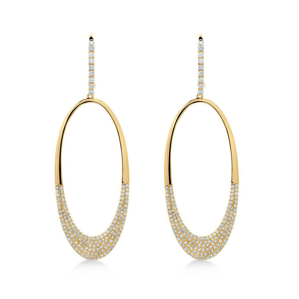 Diamond Pave Oval Huggie Drop Earrings 14k Yellow Gold (0.85ct)