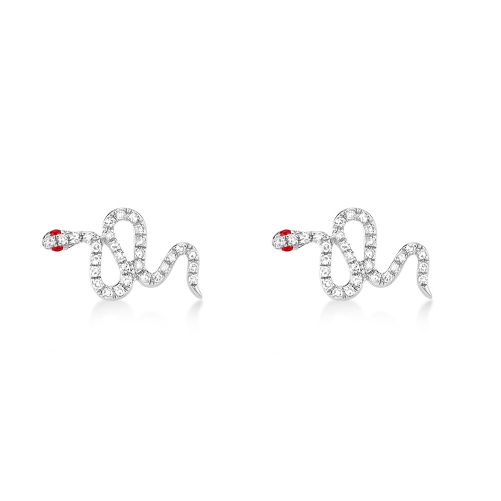 Diamond & Ruby Snake Stud Earrings 14k White Gold (0.16ct)