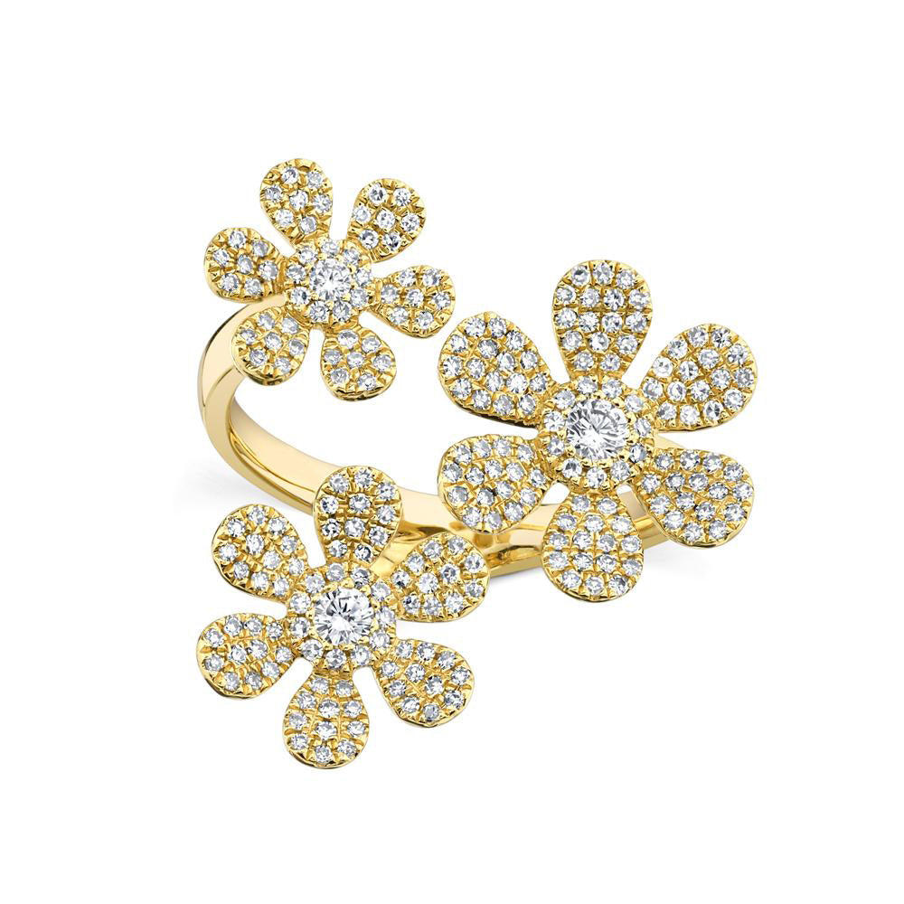 Diamond Pave Triple Flower Ring 14k Yellow Gold (0.62ct)