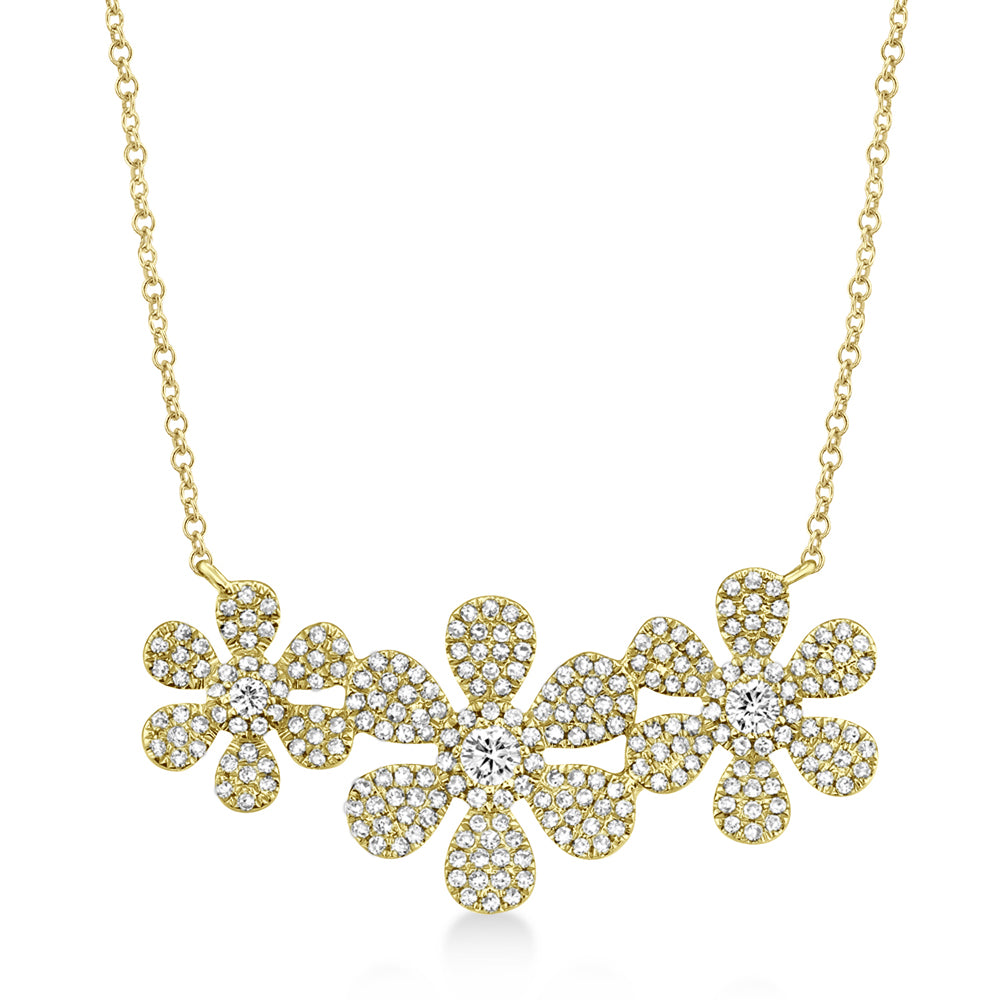Diamond Triple Flower Halo Pendant Necklace 14k Yellow Gold (0.62ct)