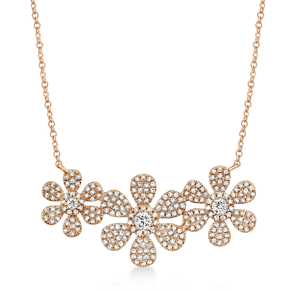 Diamond Triple Flower Halo Pendant Necklace 14k Rose Gold (0.62ct)