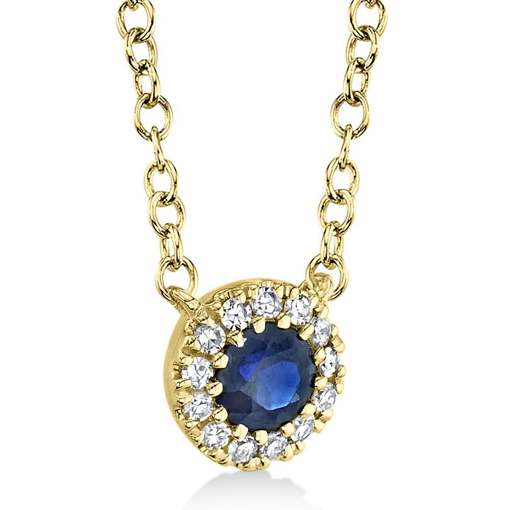 Diamond & Blue Sapphire Halo Pendant Necklace 14k Yellow Gold (0.18ct)
