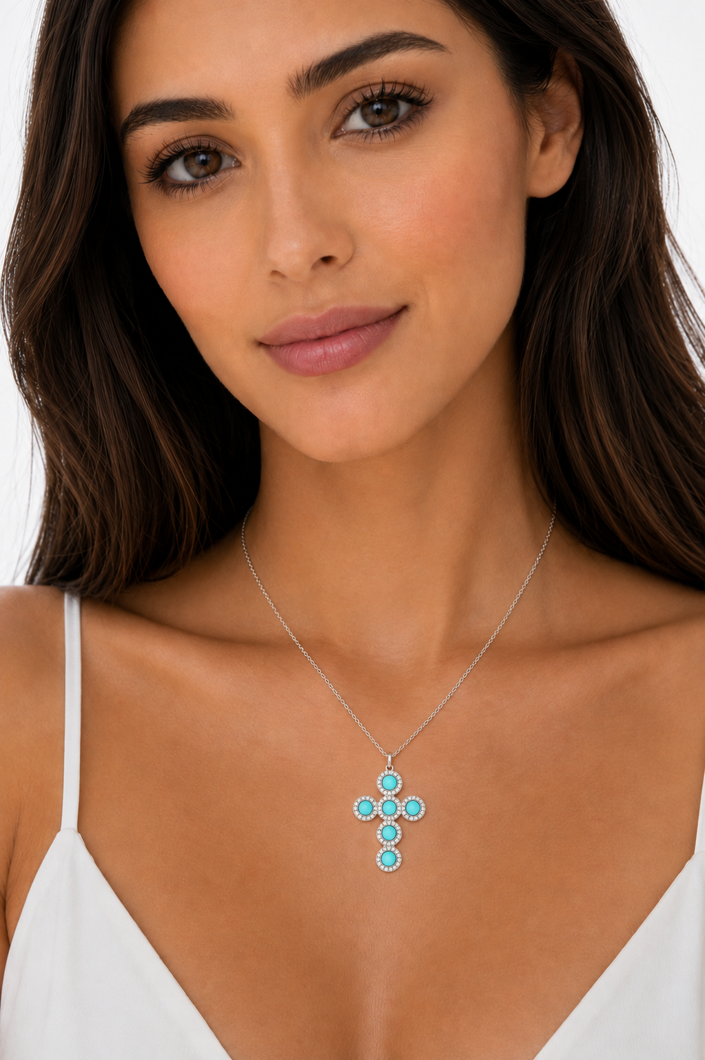 Diamond & Turquoise Cross Pendant Necklace 14K White Gold (0.90ct)