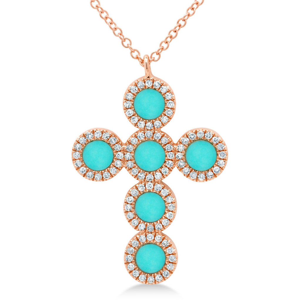 Diamond & Turquoise Cross Pendant Necklace 14K Rose Gold (0.90ct)