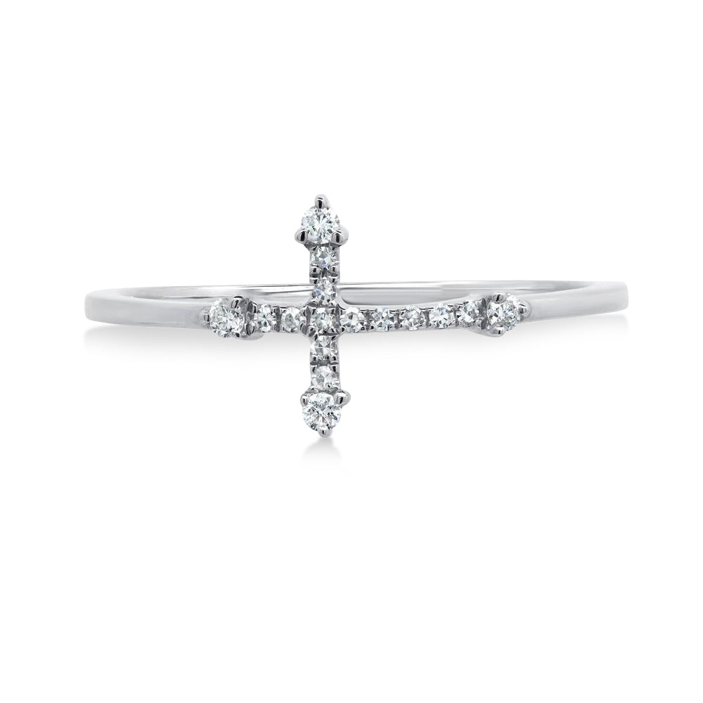 Diamond Accented Horizontal Cross Ring 14k White Gold (0.09ct)