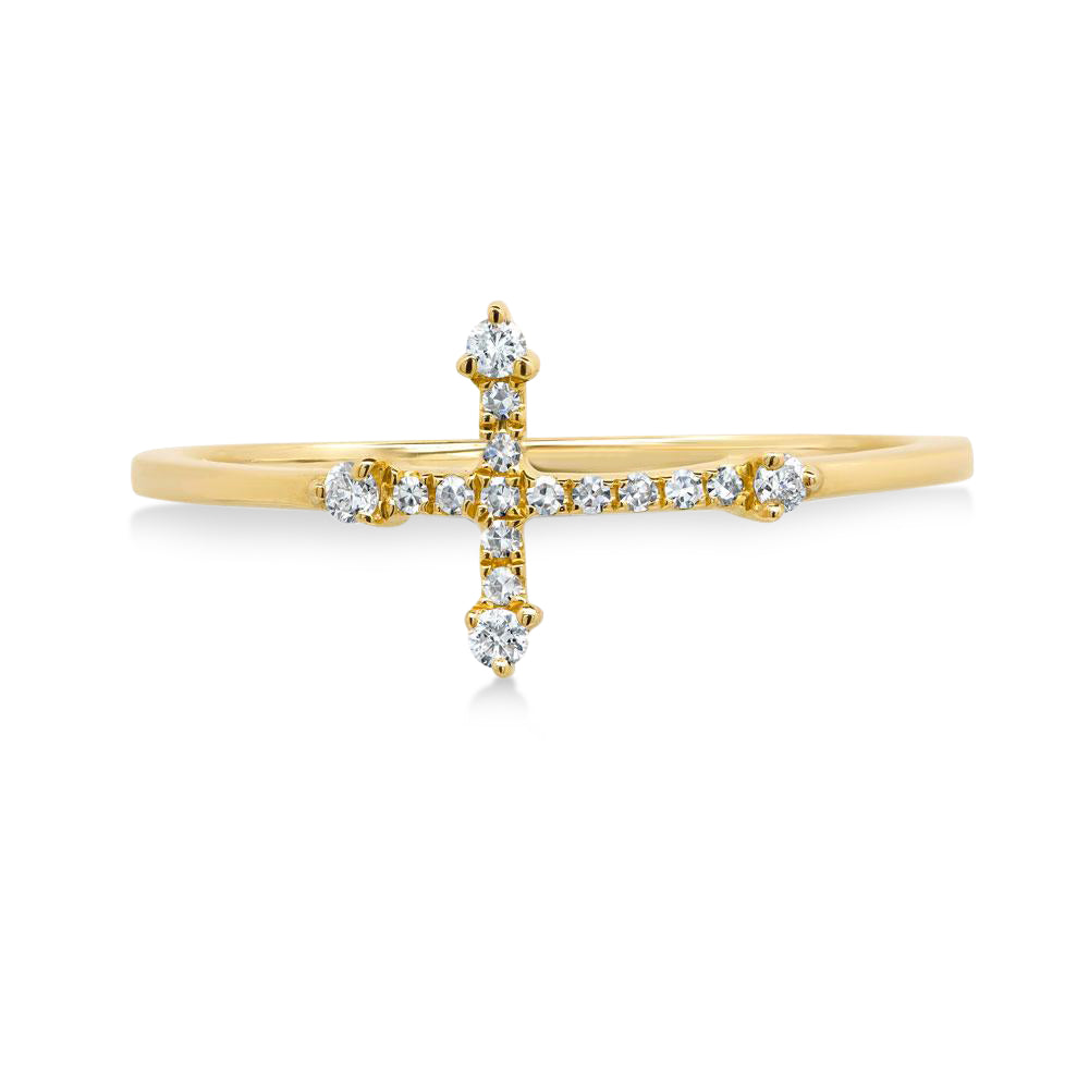 Diamond Accented Horizontal Cross Ring 14k Yellow Gold (0.09ct)