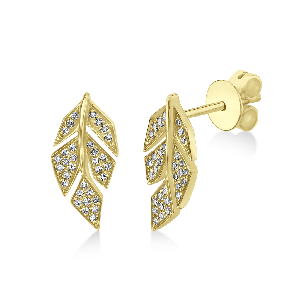 Diamond Pave Leaf Stud Earrings 14k Yellow Gold (0.14ct)