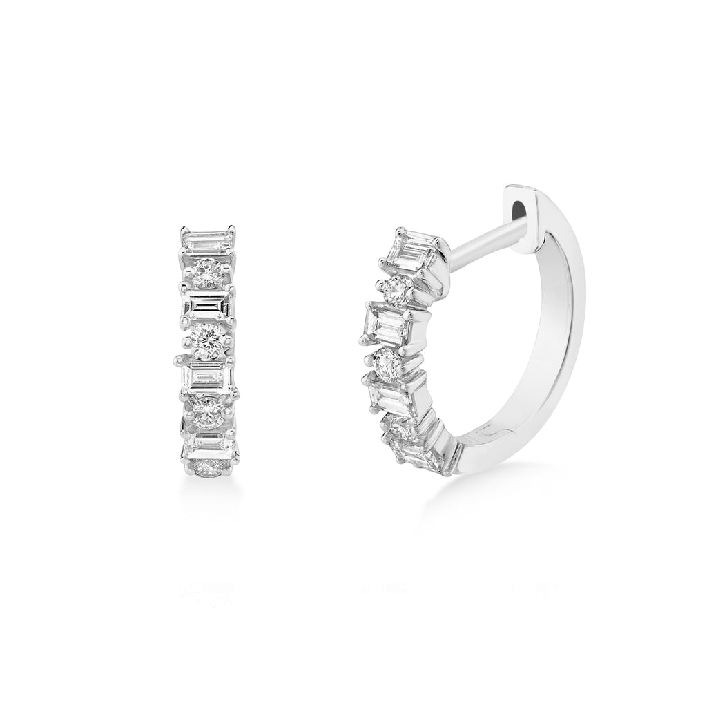 Baguette & Round Diamond Huggie Earrings 14k White Gold (0.42ct)