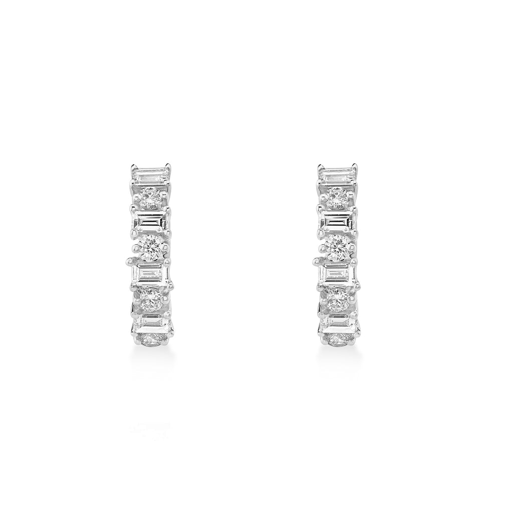 Baguette & Round Diamond Huggie Earrings 14k White Gold (0.42ct)