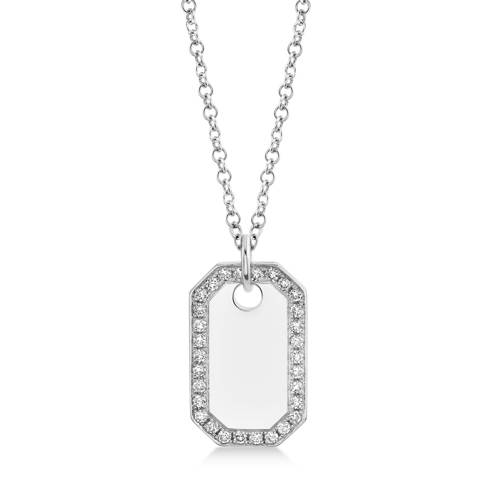 Diamond Accented Dog Tag Pendant Necklace 14k White Gold (0.40ct)