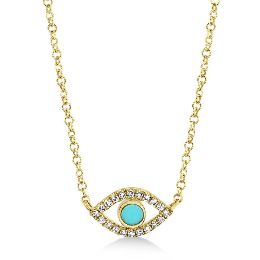 Turquoise & Diamond Evil Eye Pendant Necklace 14k Yellow Gold (0.13ct)