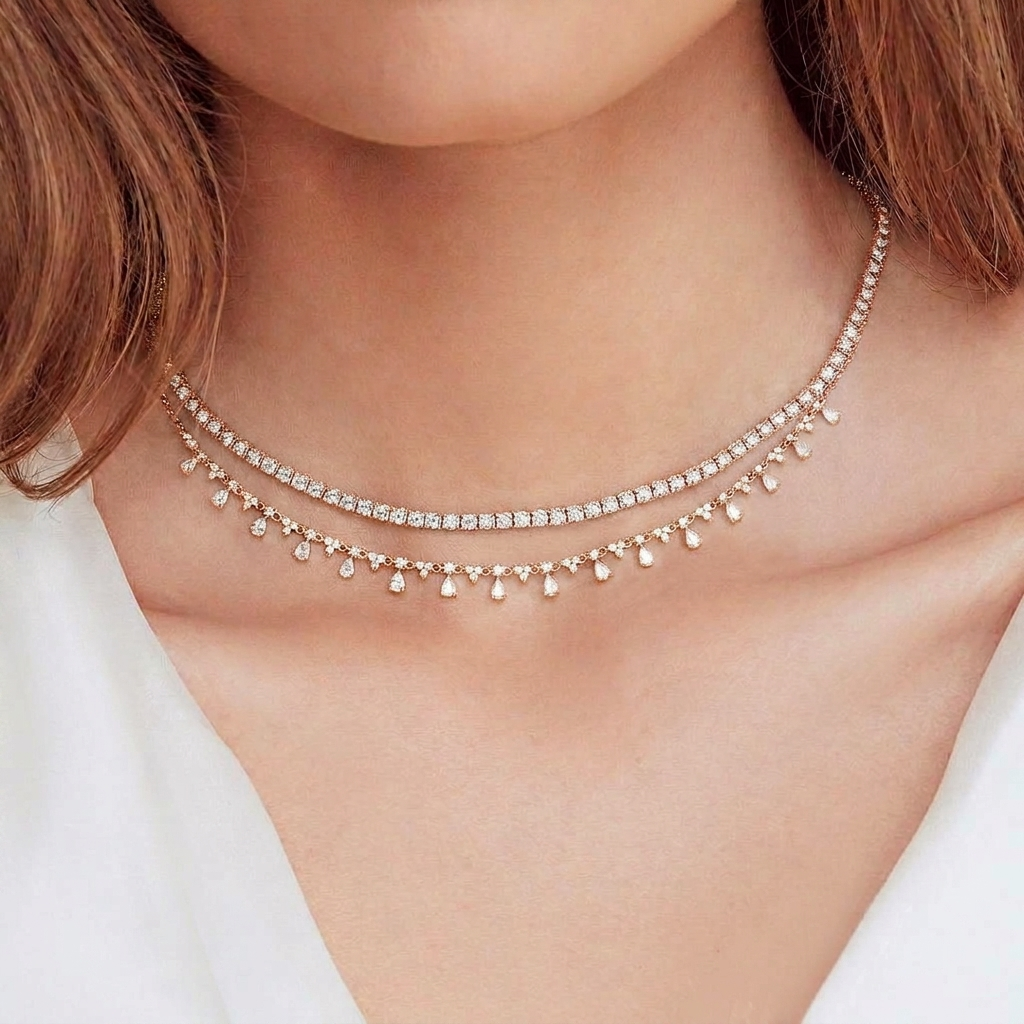 Pear Diamond Dangle Station Necklace 14k Rose Gold (2.12ct)