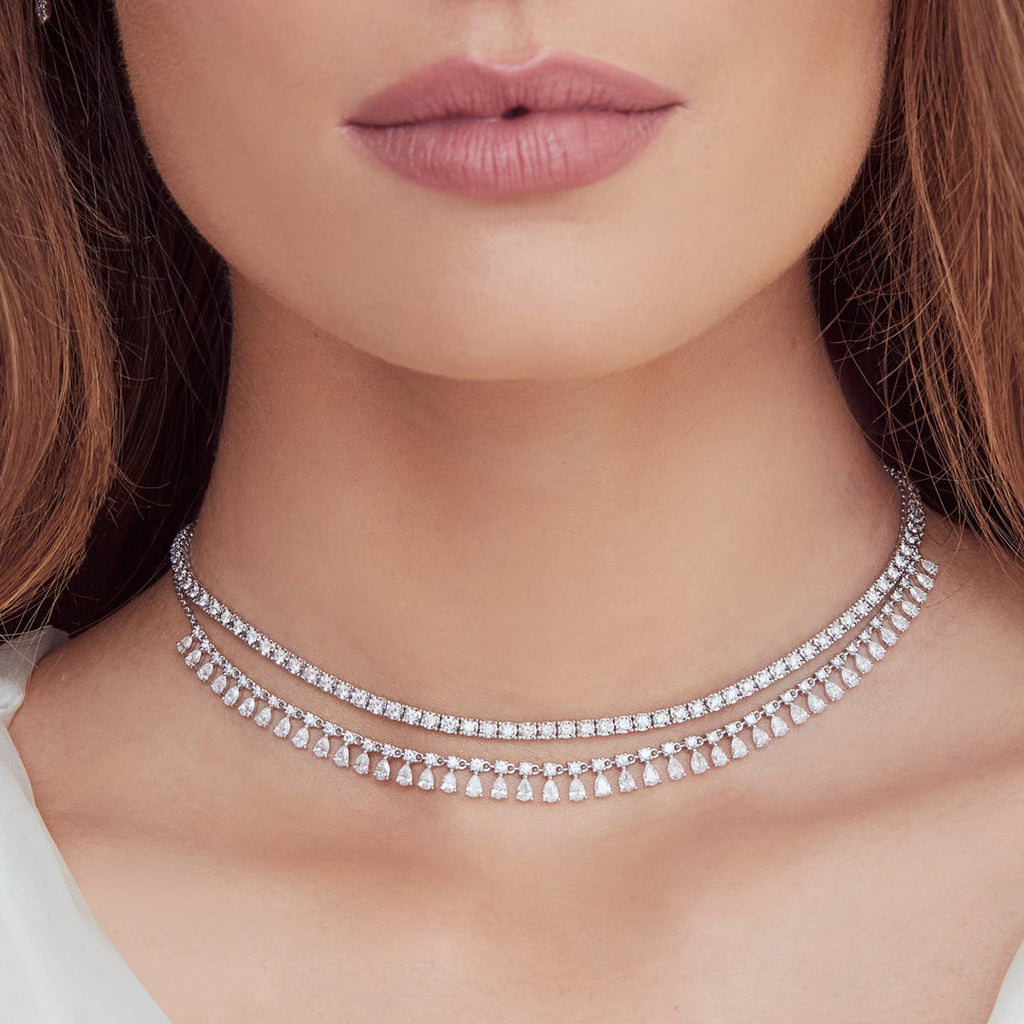 Pear Diamond Dangle Station Necklace 14k White Gold (4.09ct)