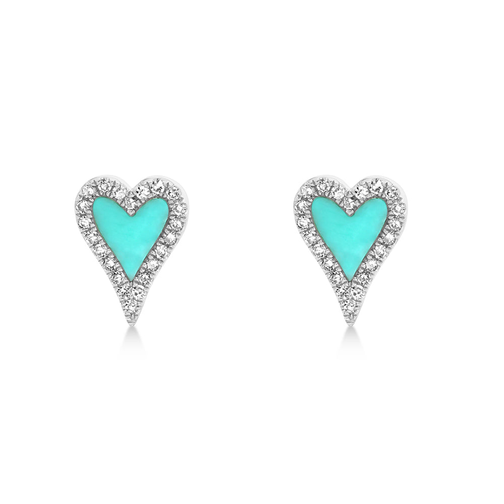 Turquoise & Diamond Heart Stud Earrings 14k White Gold (0.49ct)
