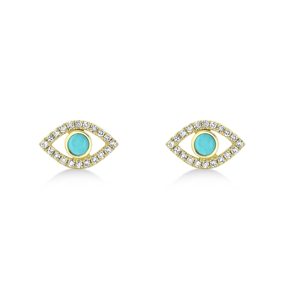 Turquoise & Diamond Evil Eye Stud Earrings 14k Yellow Gold (0.26ct)