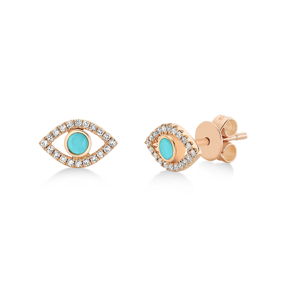 Turquoise & Diamond Evil Eye Stud Earrings 14k Rose Gold (0.26ct)