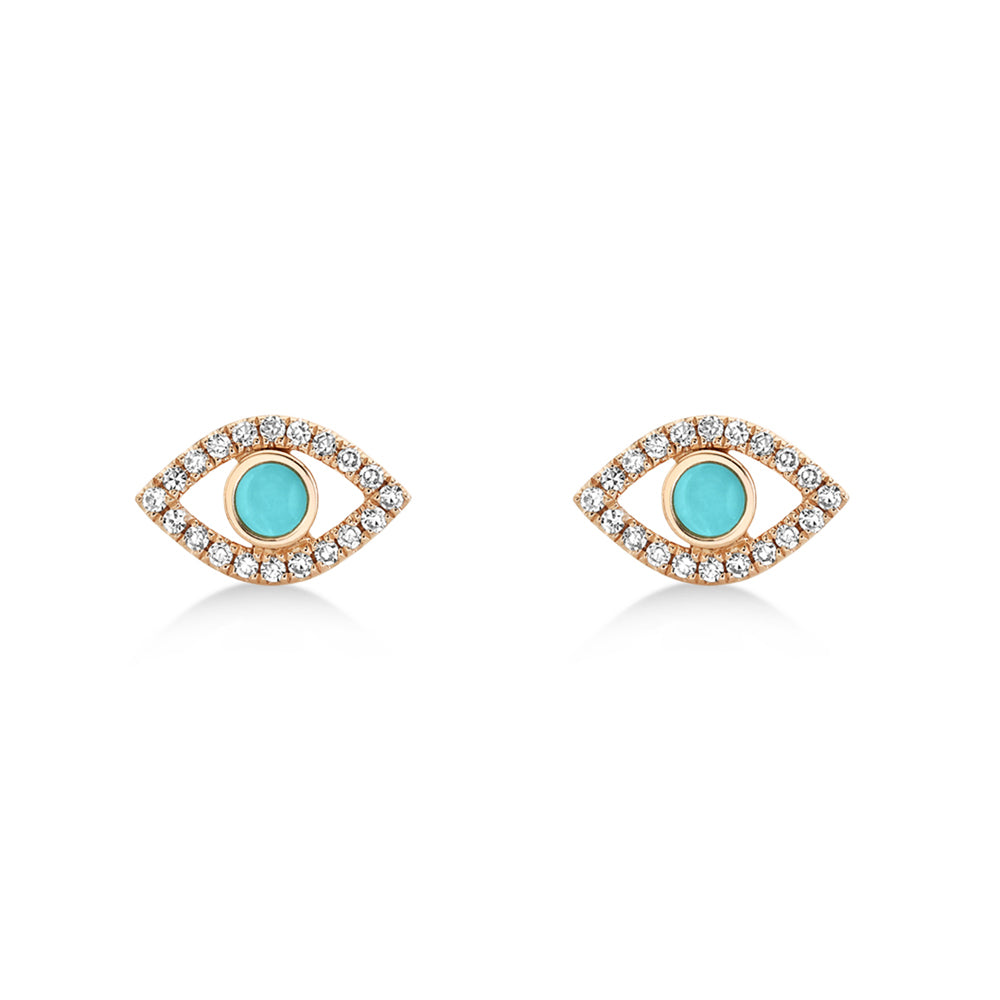 Turquoise & Diamond Evil Eye Stud Earrings 14k Rose Gold (0.26ct)