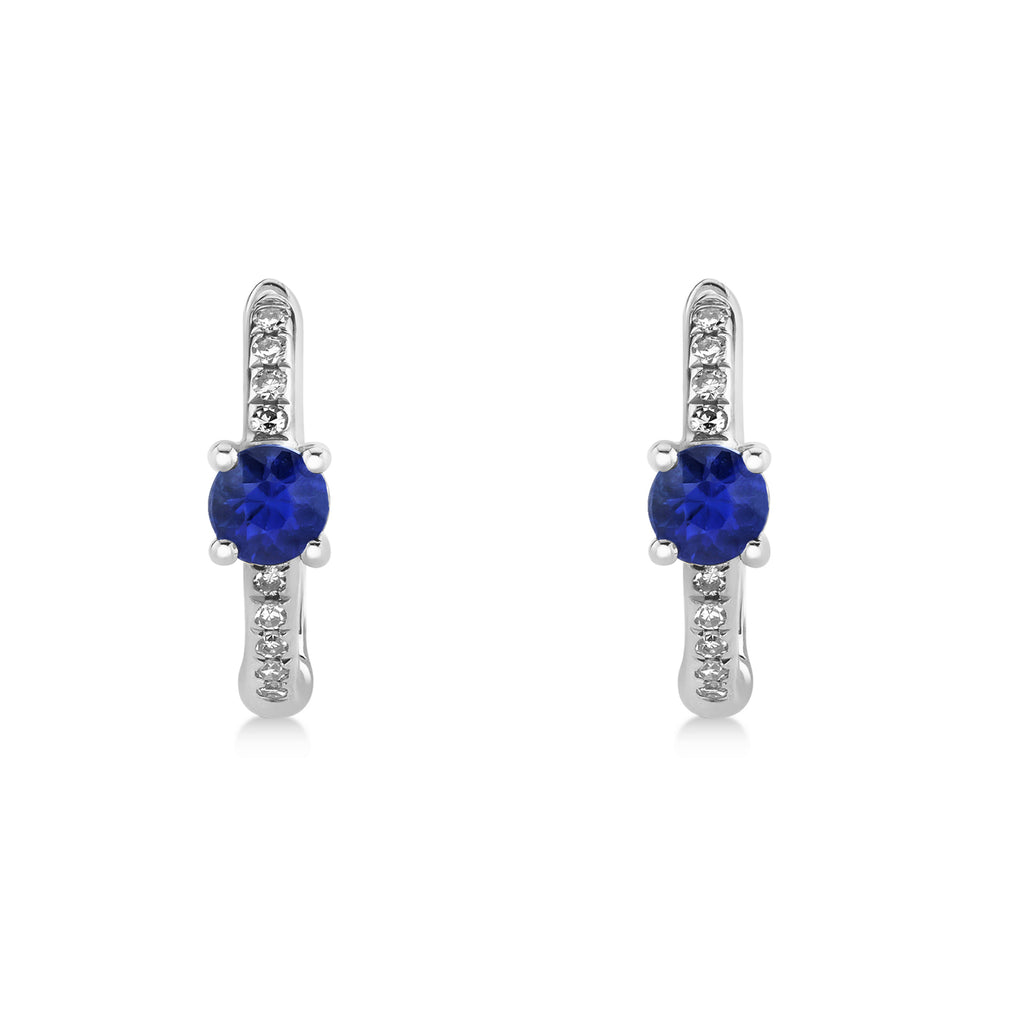 Blue Sapphire & Diamond Huggie Hoop Earrings 14k White Gold (0.39ct)