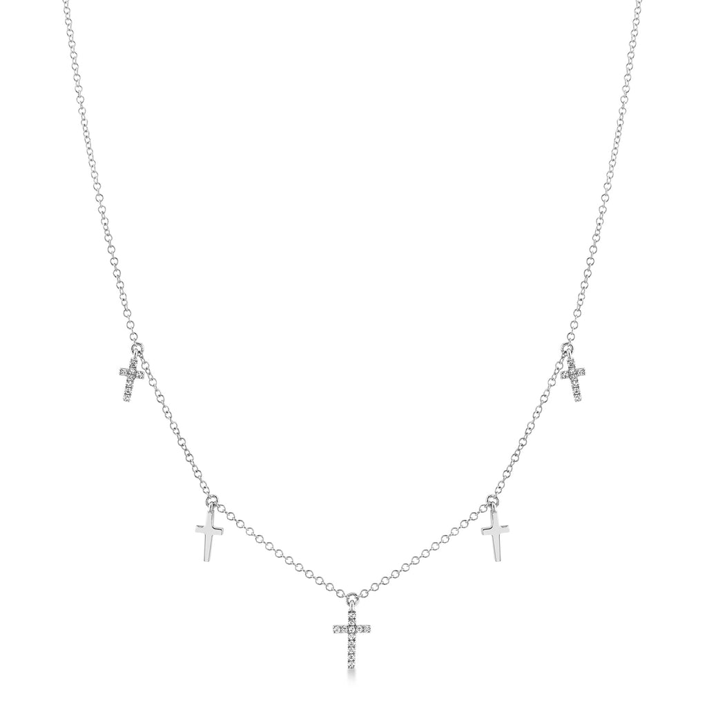 Diamond Accented Cross Dangle Station Necklace 14k White Gold (0.09ct)