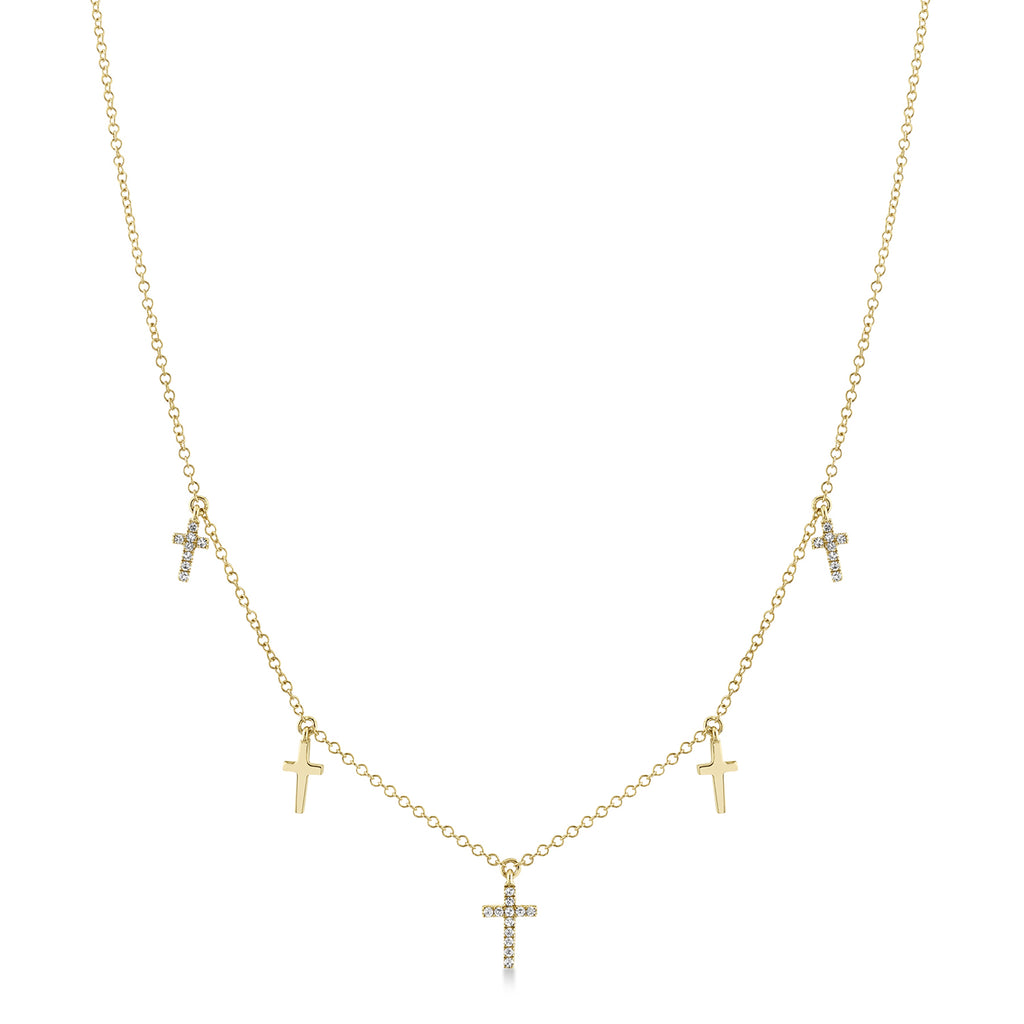 Diamond Accented Cross Dangle Station Necklace 14k Yellow Gold (0.09ct)