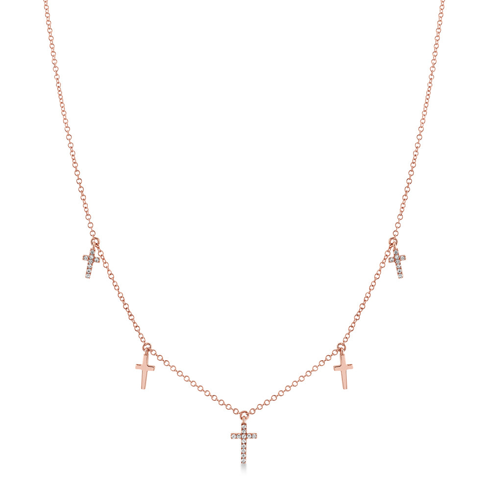 Diamond  Cross Dangle Station Necklace 14k Rose Gold (0.09ct)