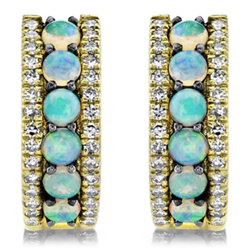 Round Opal & Diamond Huggie Earrings 14K Yellow Gold (0.43ct)
