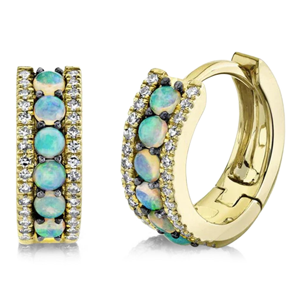 Round Opal & Diamond Huggie Earrings 14K Yellow Gold (0.43ct)