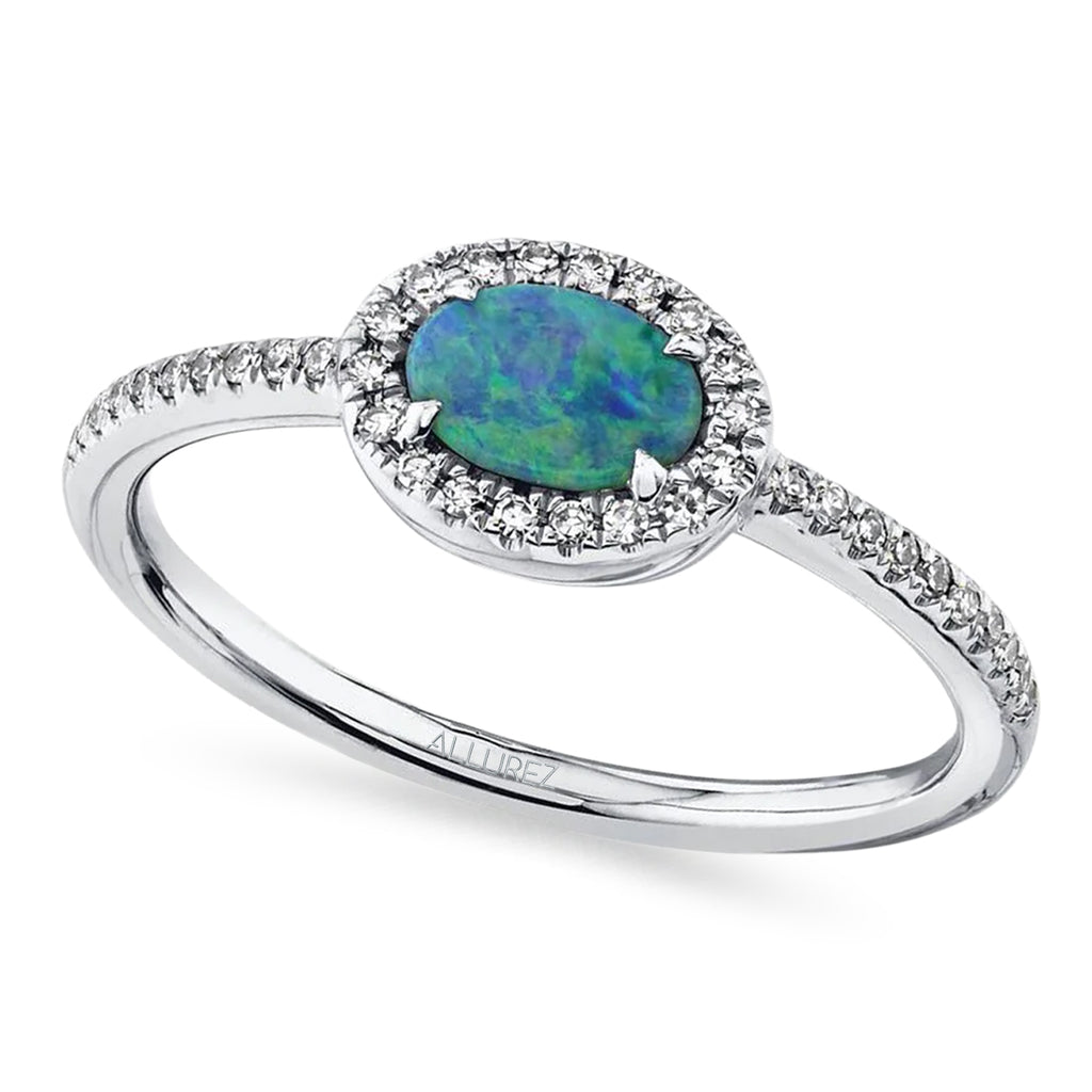 Oval Opal & Diamond Halo Cocktail Ring 14K White Gold (0.45ct)