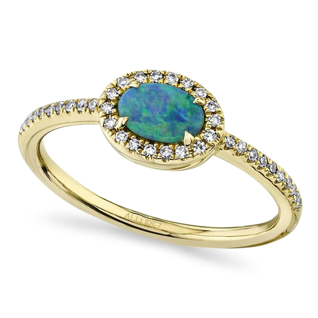 Oval Opal & Diamond Halo Cocktail Ring 14K Yellow Gold (0.45ct)