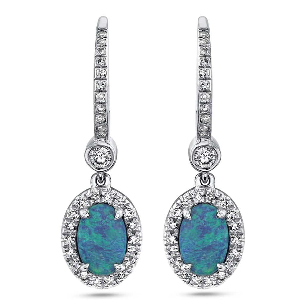 Oval Opal & Diamond Halo Dangling Earrings 14K White Gold (0.90ct)