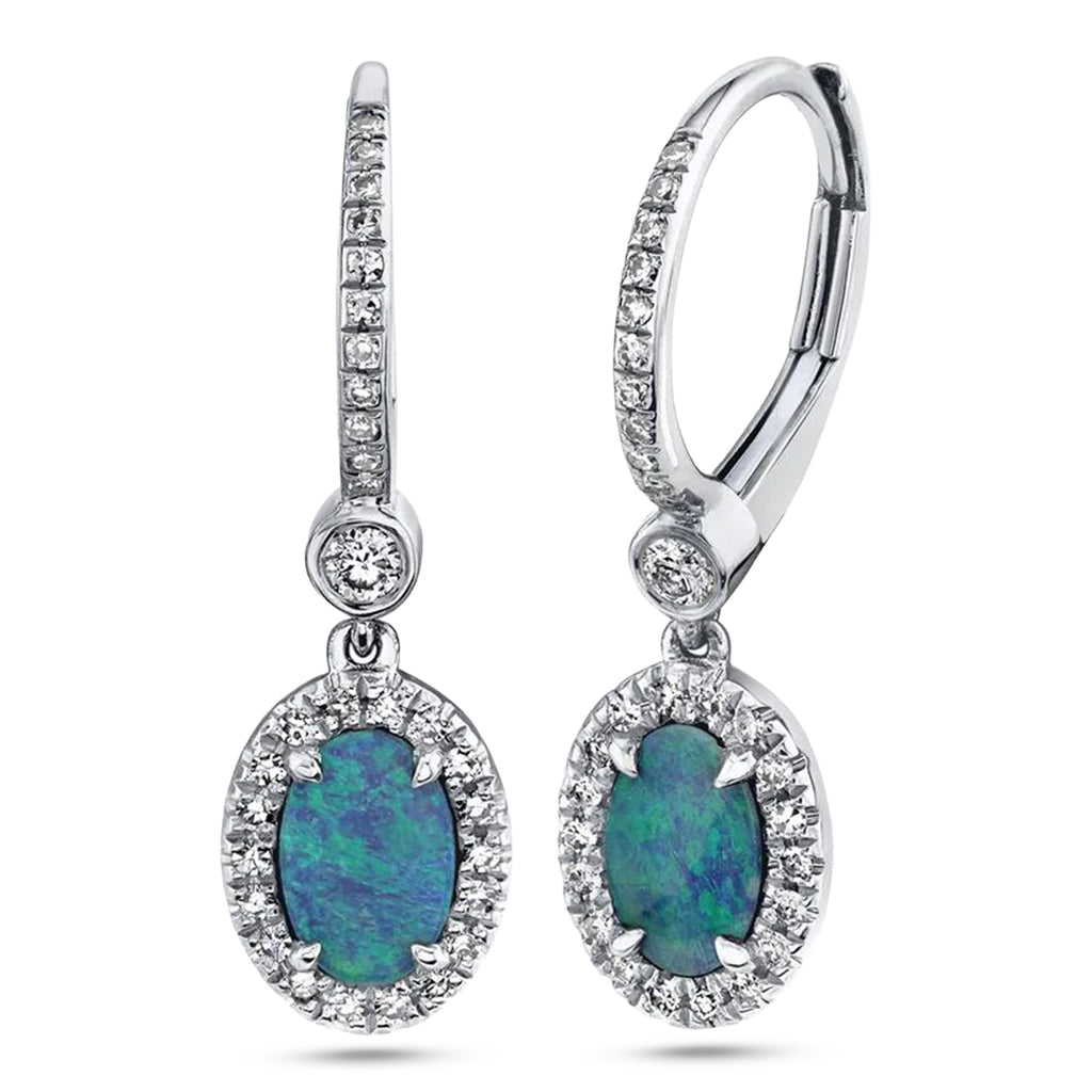 Oval Opal & Diamond Halo Dangling Earrings 14K White Gold (0.90ct)