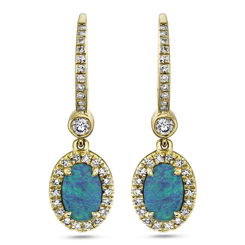 Oval Opal & Diamond Halo Dangling Earrings 14K Yellow Gold (0.90ct)