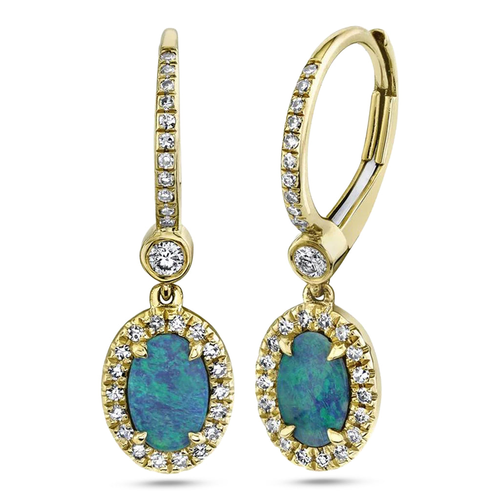 Oval Opal & Diamond Halo Dangling Earrings 14K Yellow Gold (0.90ct)