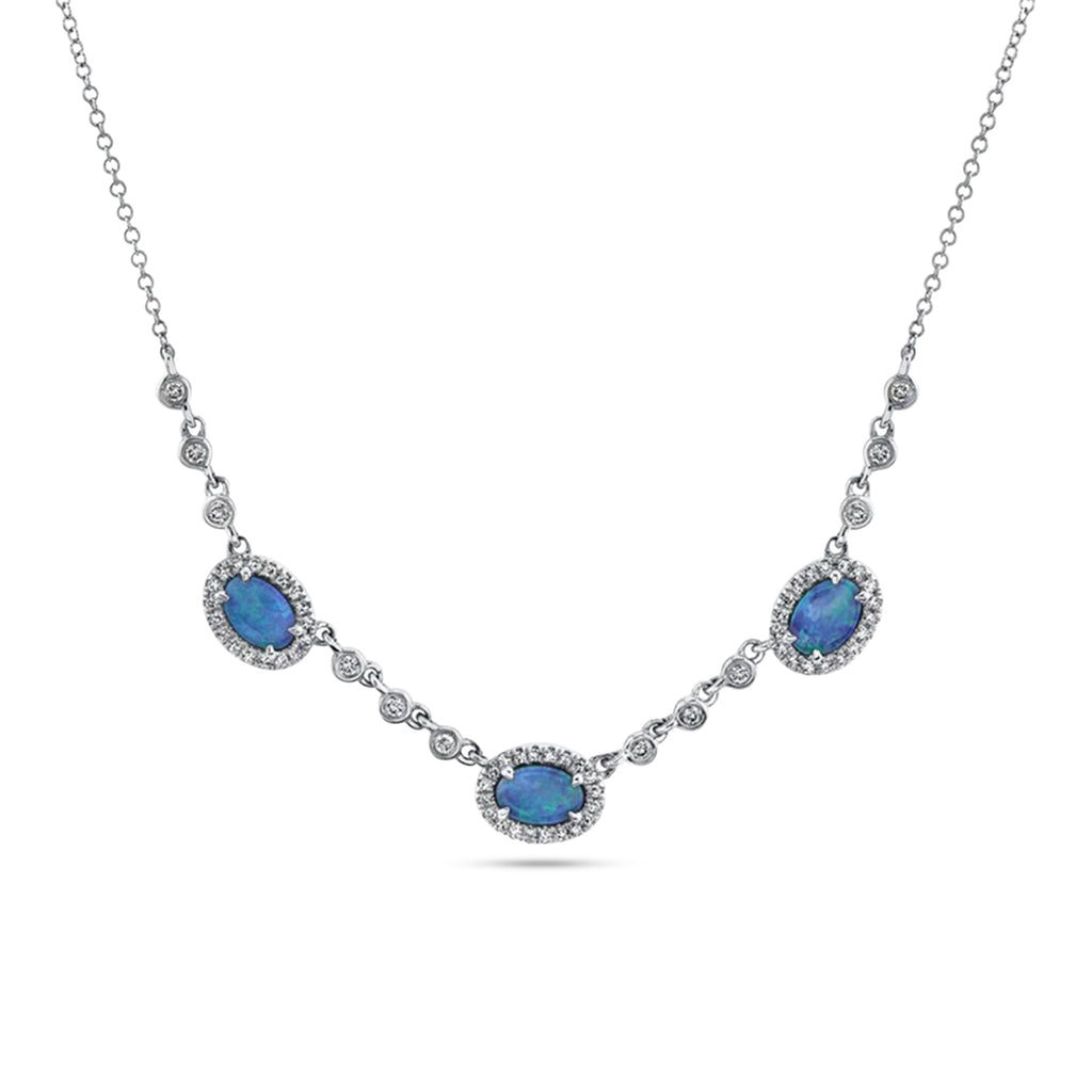 Oval Opal & Diamond Halo Necklace 14K White Gold (1.50ct)