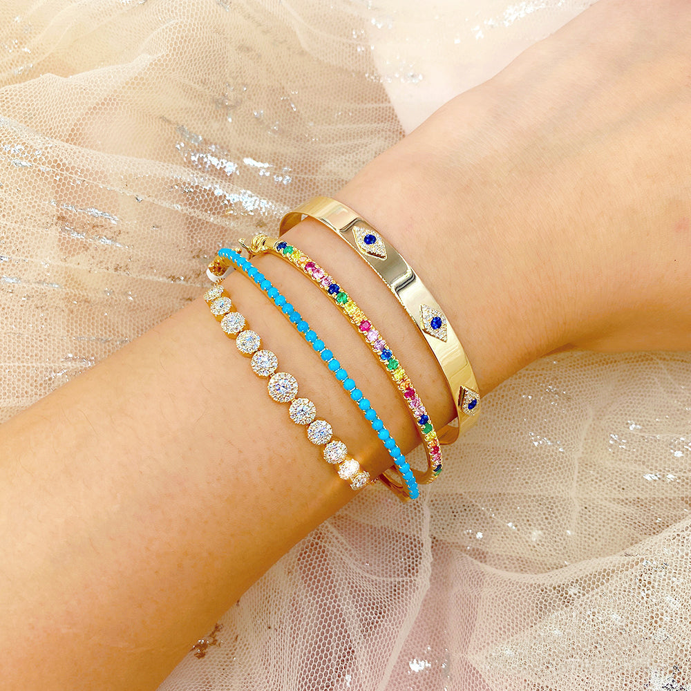 Diamond & Blue Sapphire Eye Latch Lock Bangle Bracelet 14k Rose Gold (0.28ct)