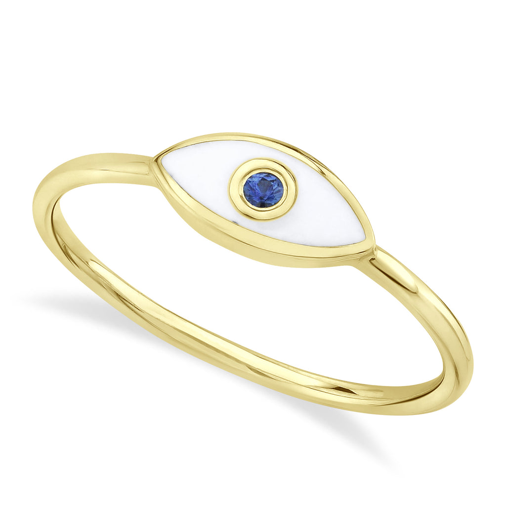 Blue Sapphire & White Enamel Evil Eye Ring 14k Yellow Gold (0.03ct)