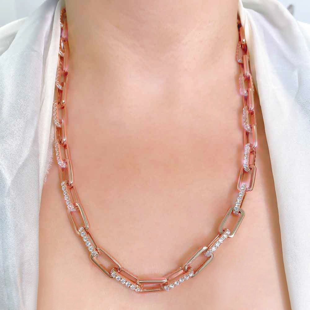 Diamond Pave Paper Clip Link Necklace 14k Rose Gold (13.01ct)