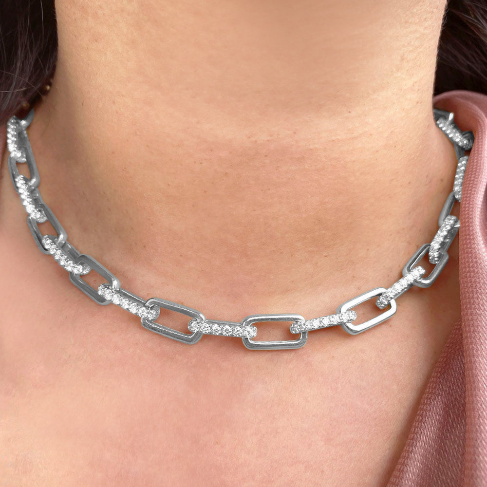 Diamond Pave Paper Clip Link Necklace 14k White Gold (13.01ct)
