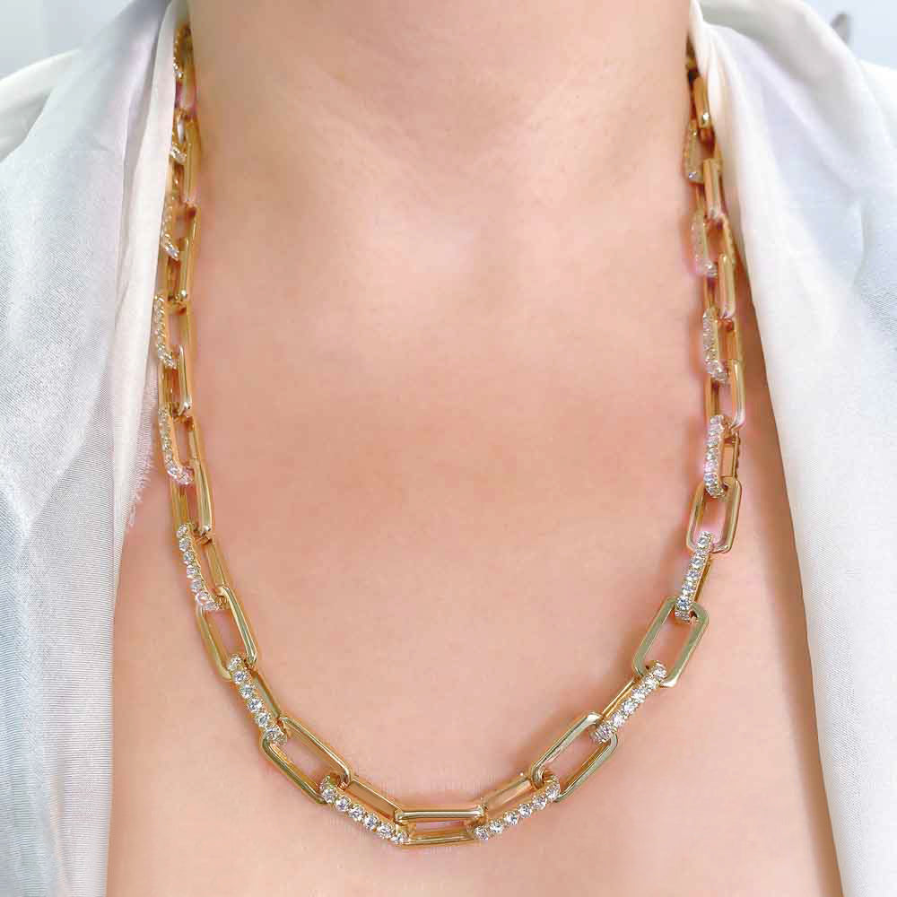 Diamond Pave Paper Clip Link Necklace 14k Yellow Gold (13.01ct)