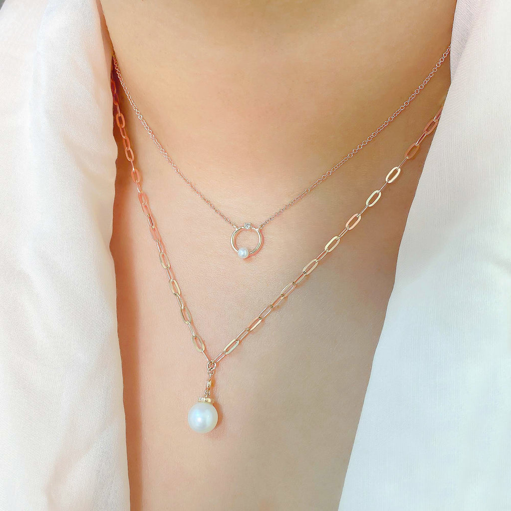 Diamond & Cultured Pearl Paper Clip Link Necklace 14k Rose Gold (0.05ct)