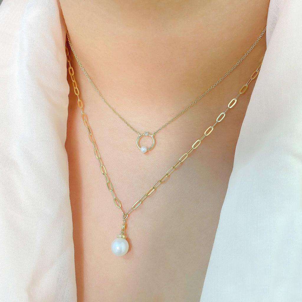 Diamond & Cultured Pearl Paper Clip Link Necklace 14k Yellow Gold (0.05ct)