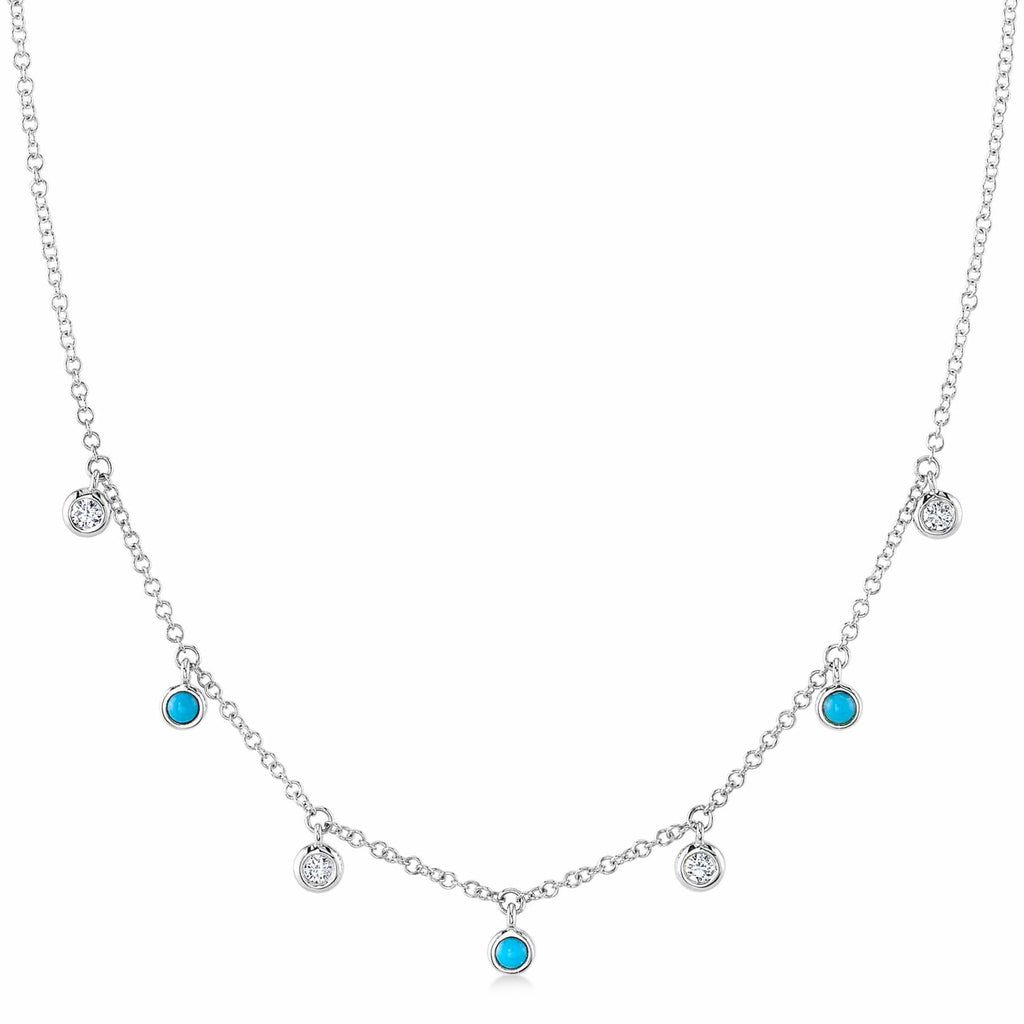 Diamond & Turquoise Station Necklace 14K White Gold (0.22ct)