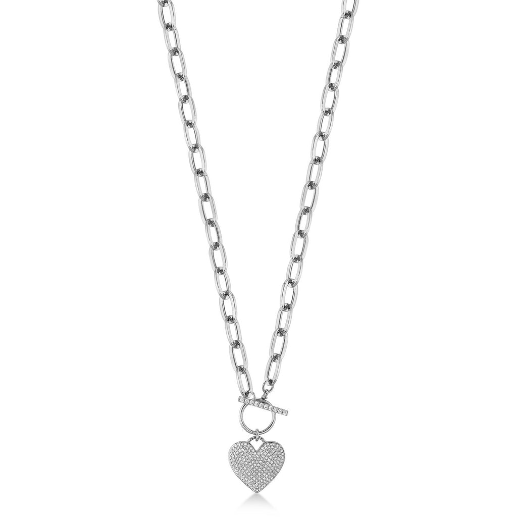 Diamond Pave Heart Paper Clip Link Pendant Necklace 14K White Gold (0.50ct)