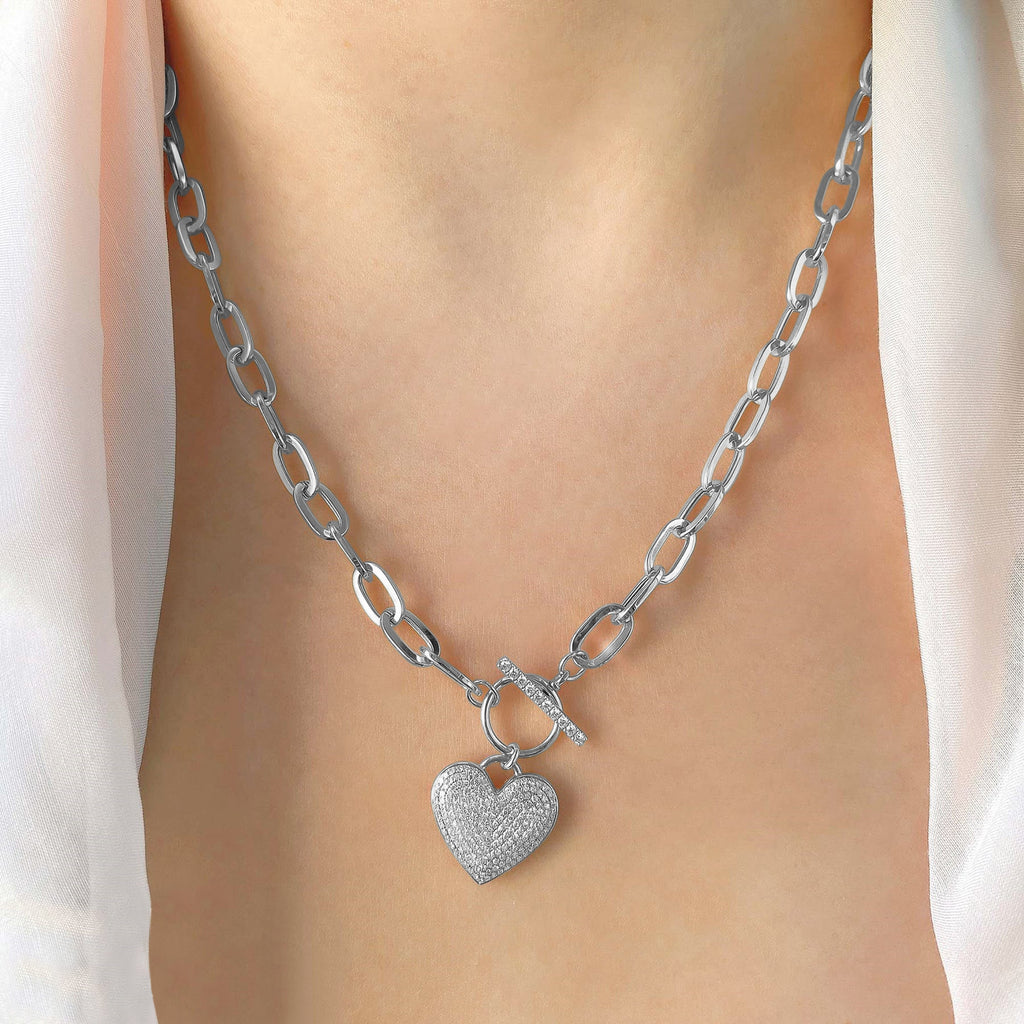 Diamond Pave Heart Paper Clip Link Pendant Necklace 14K White Gold (0.50ct)