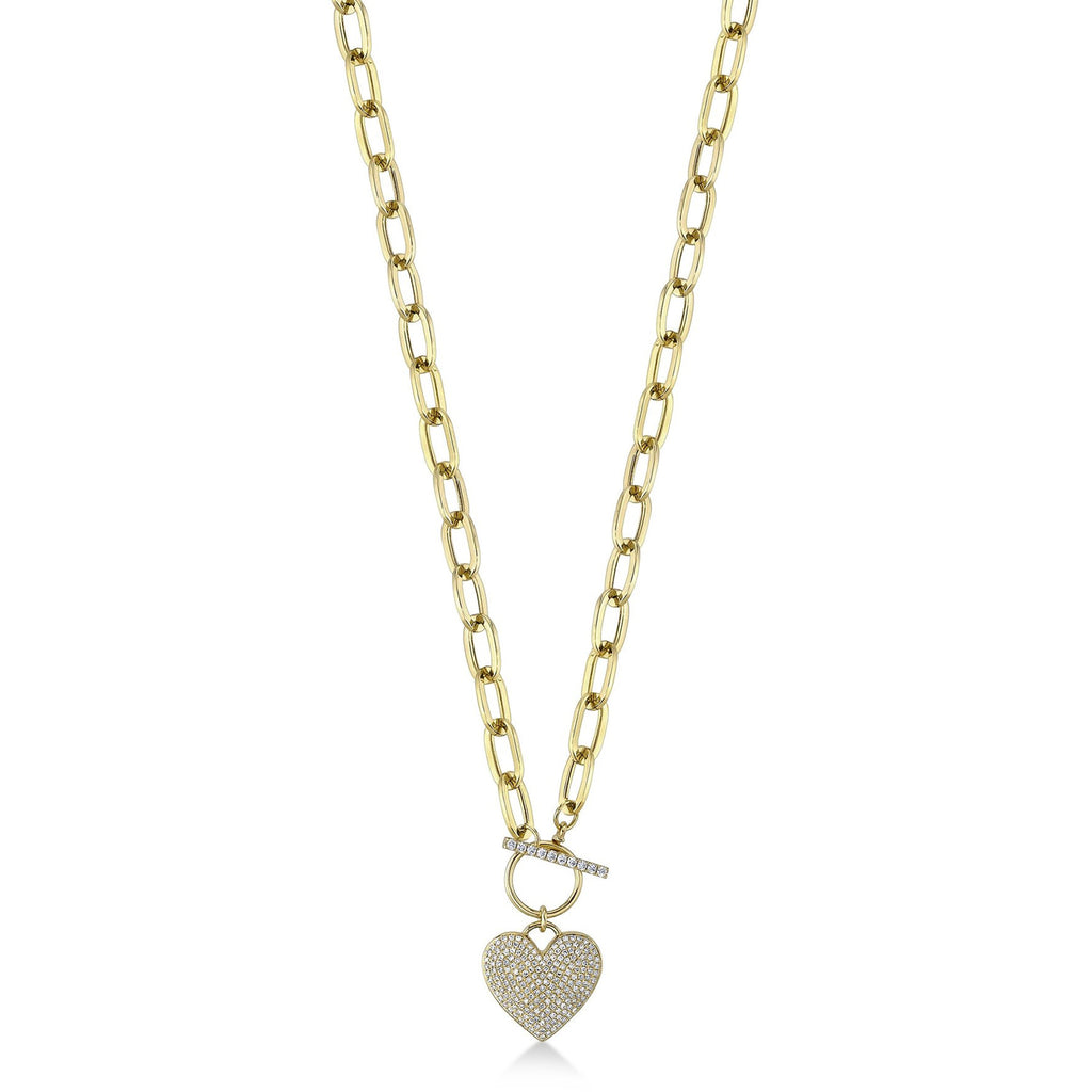 Diamond Pave Heart Paper Clip Link Pendant Necklace 14K Yellow Gold (0.50ct)