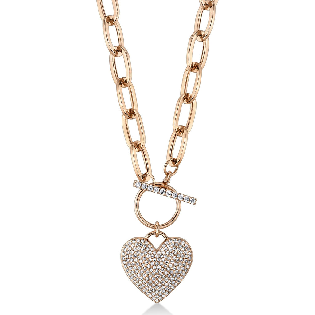 Diamond Pave Heart Paper Clip Link Pendant Necklace 14K Rose Gold (0.50ct)