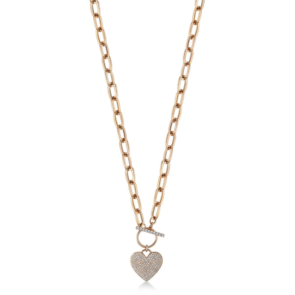 Diamond Pave Heart Paper Clip Link Pendant Necklace 14K Rose Gold (0.50ct)