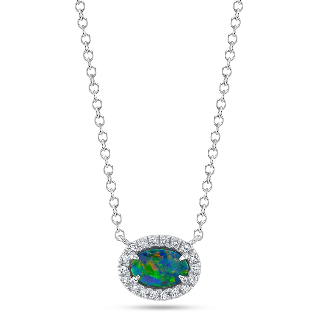 Oval Opal & Diamond Halo Necklace 14K White Gold (0.38ct)