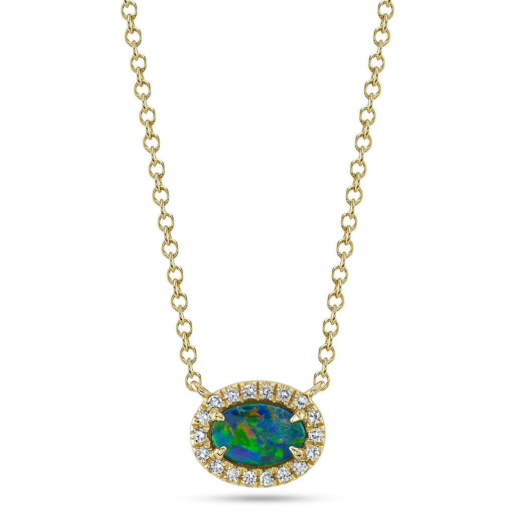 Oval Opal & Diamond Halo Necklace 14K Yellow Gold (0.38ct)